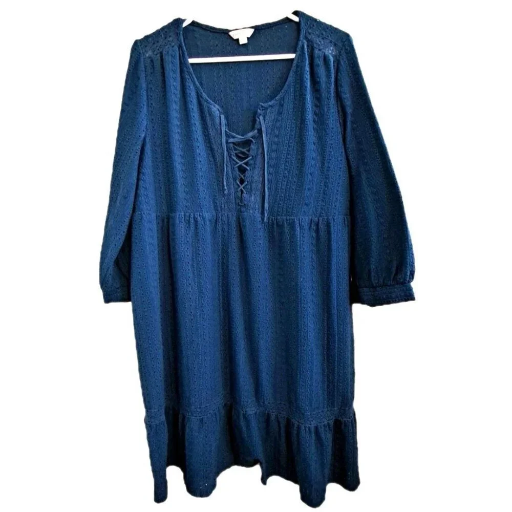 Frye & Co. XL Teal 3/4 Sleeve Lace Up Eyelet Dress Western Country Peasant